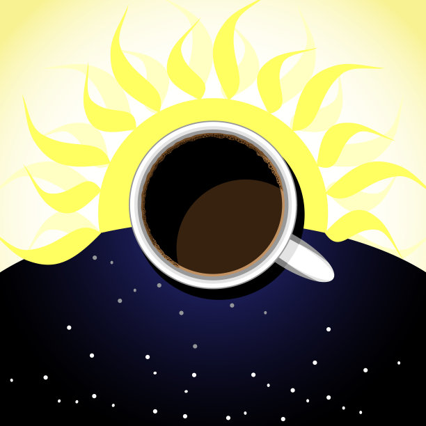 一杯咖啡，背景是太阳和星空。图片下载