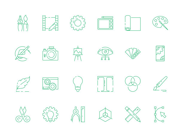 设计工具图标。艺术作品网页设计，排版创造性的艺术工具，艺术家和设计师矢量细符号图片下载