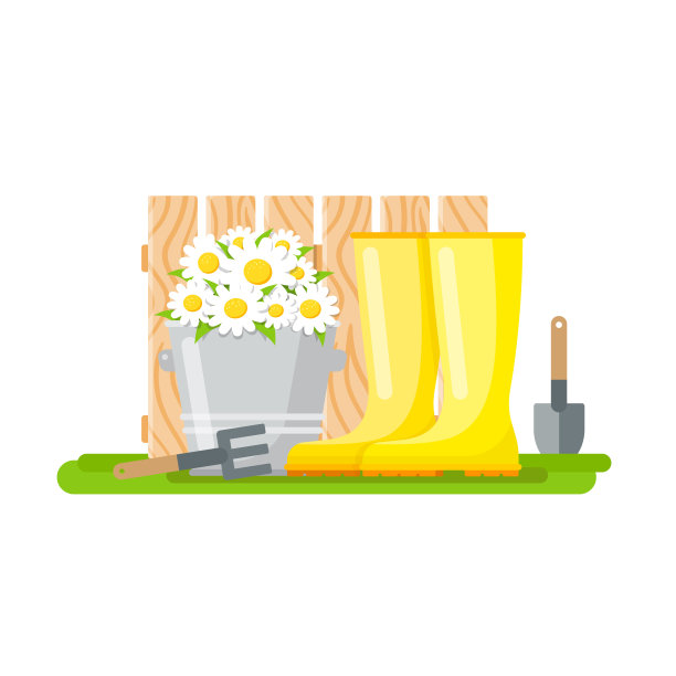 园艺工具-耙，桨，橡胶靴和水桶。图片下载