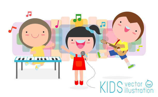 可爱的孩子和音乐，孩子玩乐器矢量插图孤立的白色背景。图片下载