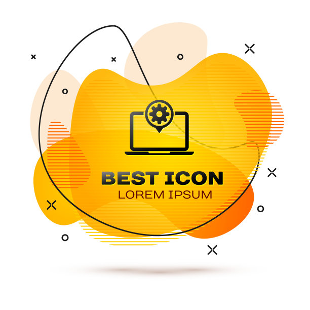 黑色笔记本电脑和齿轮图标孤立在白色背景。笔记本电脑服务理念。调整app，设置选项，维护，修复，修复。液颜色的旗帜。矢量图图片下载