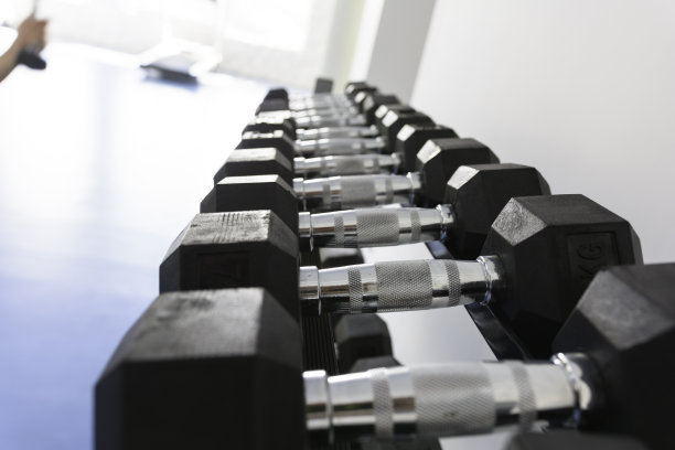 大群哑铃在健身房的特写图片下载