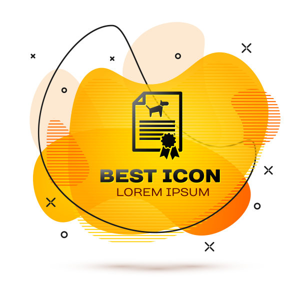 黑色旅行医疗证明，白色背景上有孤立的狗或猫图标。文档的宠物。狗或猫的爪印。液颜色的旗帜。矢量图图片下载