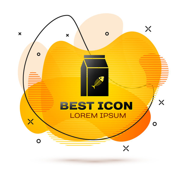 黑色袋子的食物猫图标孤立在白色背景。鱼骨架的迹象。动物的食物。宠物食品包装。液颜色的旗帜。矢量图图片下载