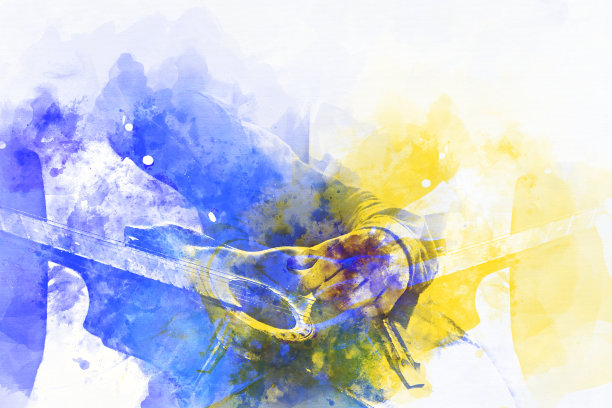 抽象的彩色形状上一个弹吉他的男人在水彩插画的背景上。图片下载