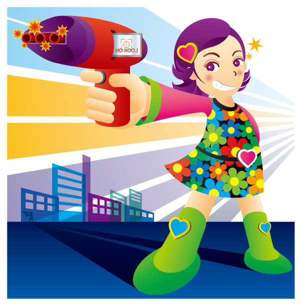 可爱的女主角在花图案时尚与吹风机形状的枪。矢量图图片下载