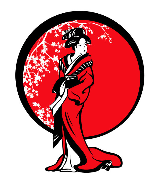日本艺伎和樱花矢量设计图片下载