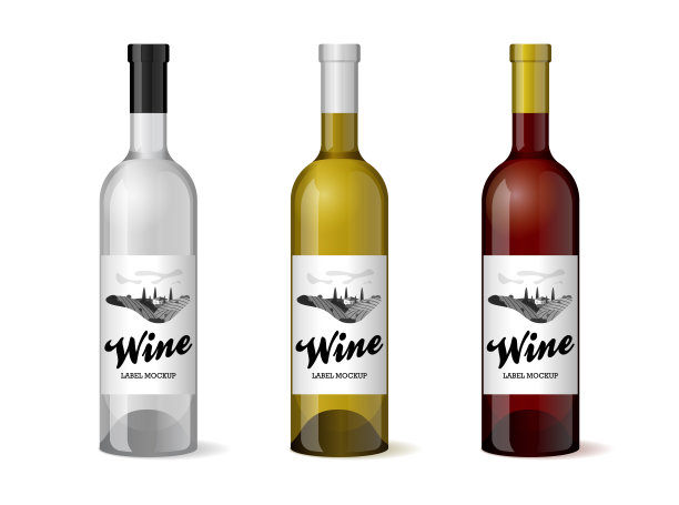 酒瓶与手绘标签复古复古设计模板集。酒庄葡萄山酒庄标志。黑白浪漫的乡村景观，黑对白。矢量图图片下载