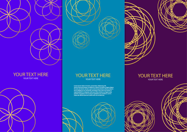 展示设计。明亮的图案与交叉的金色圆圈，曼荼罗。抽象矢量集现代垂直横幅。图片下载