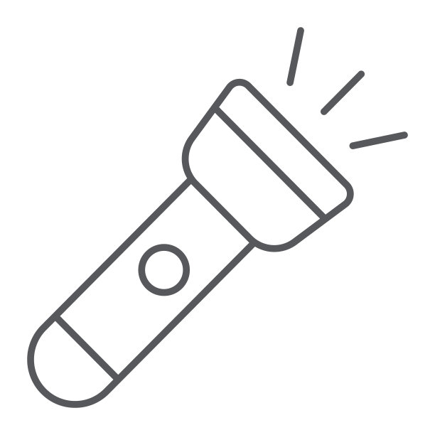 手电筒细线图标、电灯、灯标、矢量图形、白色背景上的线性图案。图片下载