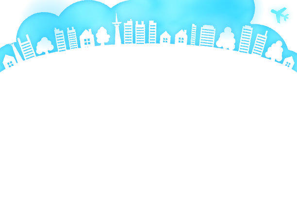 水彩画的房子，上面有建筑物、树和飞机的剪影框架图片下载