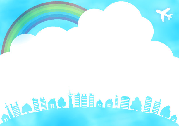 水彩画的房子，上面有建筑物、树和飞机的剪影框架图片下载