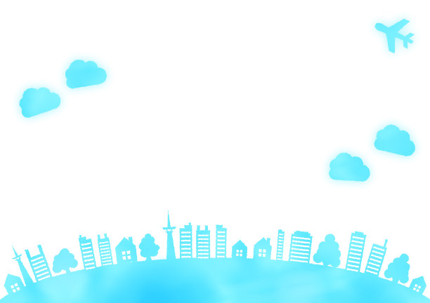 水彩画的房子，上面有建筑物、树和飞机的剪影框架图片下载