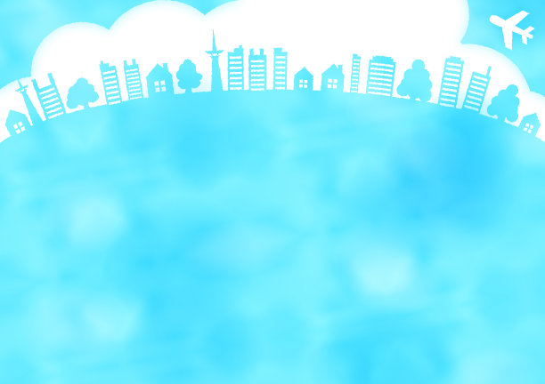 水彩画的房子，上面有建筑物、树和飞机的剪影框架图片下载