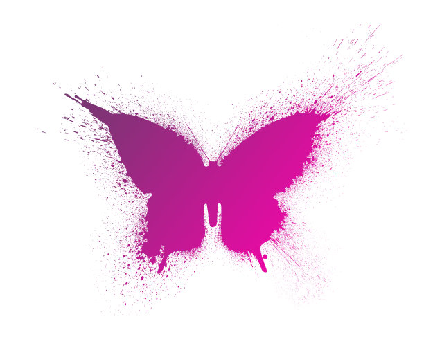 蝴蝶剪影与油漆飞溅和斑点与美丽明亮的梯度，孤立在白色的背景。图片下载