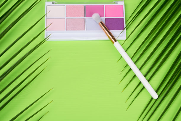 调色板与多种颜色的眼影和画笔在绿色的背景图片下载