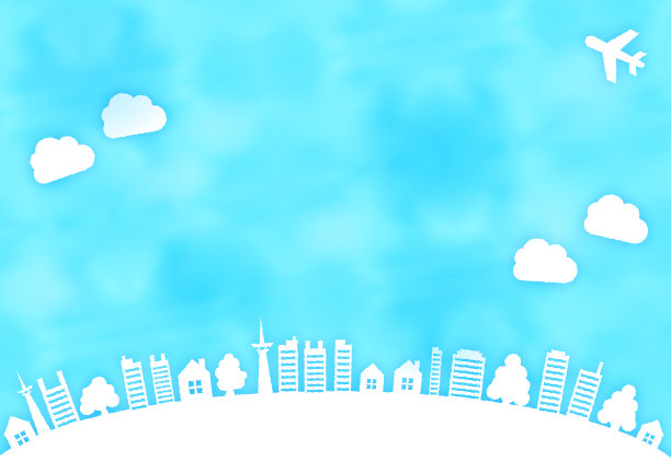 水彩画的房子，上面有建筑物、树和飞机的剪影框架图片下载