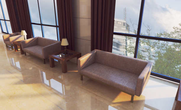 酒店大堂的内部有大理石墙壁。接待。商业背景. .三维渲染图片下载