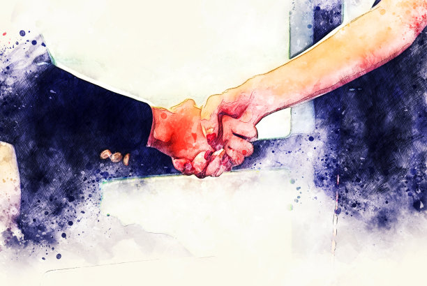 抽象特写彩色握手商业水彩插画背景画，商业团队理念。图片下载