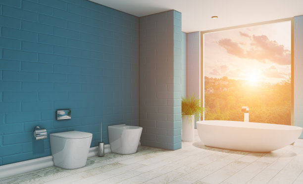 浴室采用绿松石色调。有大窗户的房间。现代设计. .3 d渲染。日落。图片下载