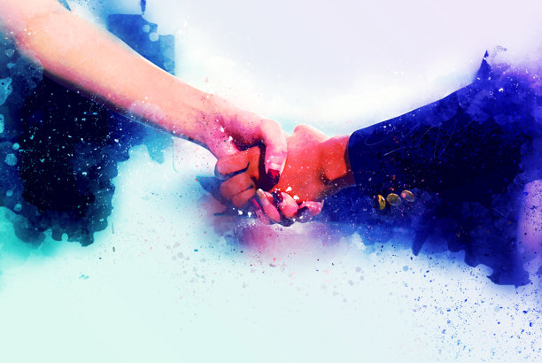 抽象特写彩色握手商业水彩插画背景画，商业团队理念。图片下载