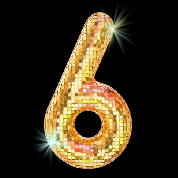 迪斯科字体，6号，金色镜面。3D渲染孤立的黑色背景图片下载