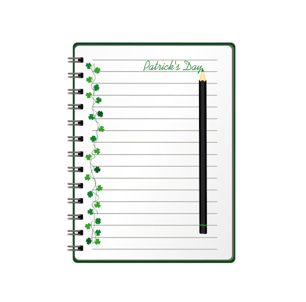 笔记本与模板手绘绿色节日彩旗与三叶草和铅笔。爱尔兰节日——三叶草花环的圣帕特里克节快乐。节日贺卡。向量。一个现实的记事本。办公文具。的笔记图片下载