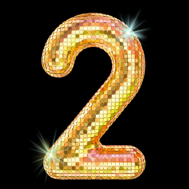 迪斯科字体，2号，金色镜面。3D渲染孤立的黑色背景图片下载