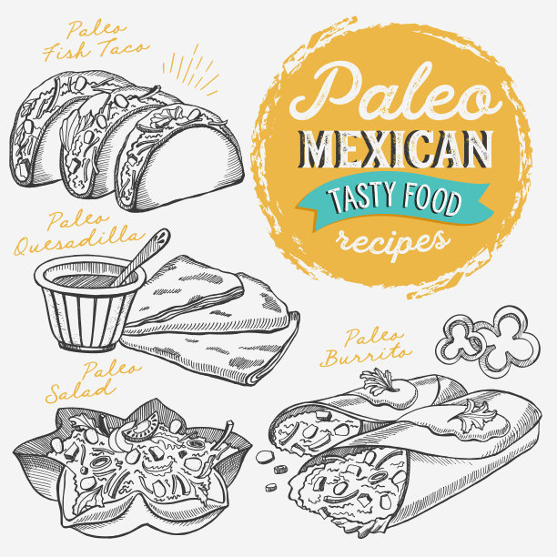 墨西哥食物插图-墨西哥卷饼，玉米饼，油炸玉米饼为旧石器饮食。矢量手绘海报的咖啡馆和酒吧。设计与字母和涂鸦复古图形。图片下载