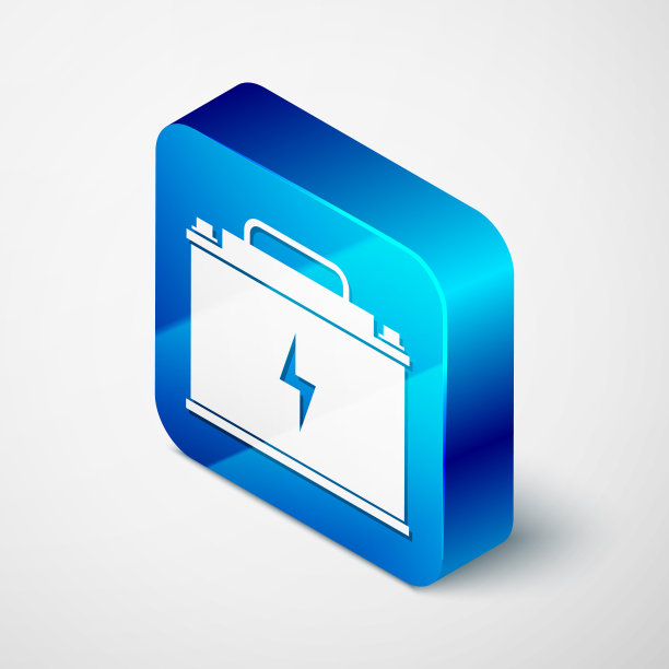 等距汽车电池图标孤立在白色背景。蓄能器蓄电池能量动力和电能蓄能器蓄电池。闪电的象征。蓝色方块按钮。矢量图图片下载