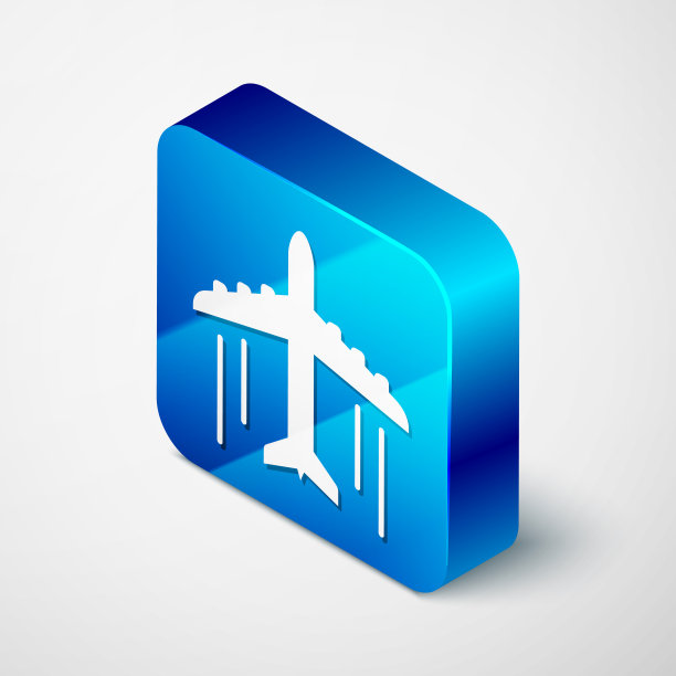 等距平面图标隔离在白色背景。飞行的飞机图标。客机的迹象。蓝色方块按钮。矢量图图片下载