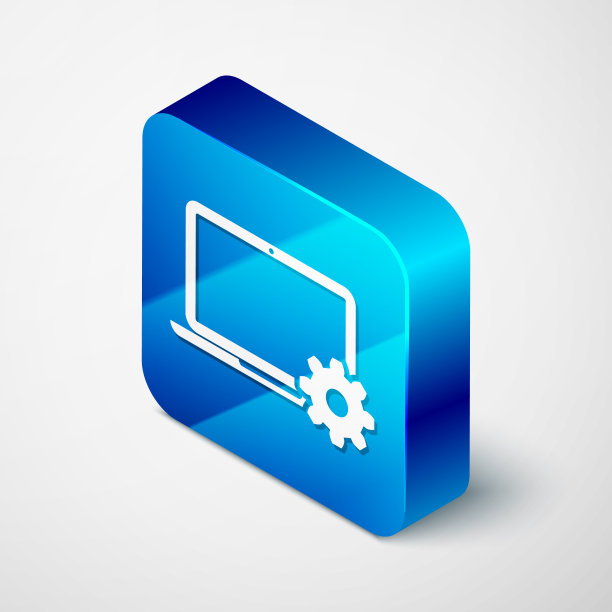 等距笔记本电脑和齿轮图标上的白色背景。笔记本电脑服务理念。调整应用程序，设置选项，维护，修复，固定笔记本概念。蓝色方块按钮。矢量图图片下载