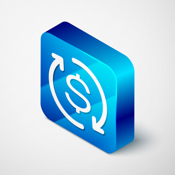 等距投资回报图标孤立在白色背景。货币转换图标。退款的迹象。美元转换的概念。蓝色方块按钮。矢量图图片下载