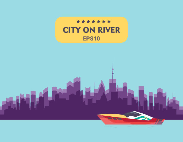 船在河中运输，船在矢量中运输。城市建筑图片下载