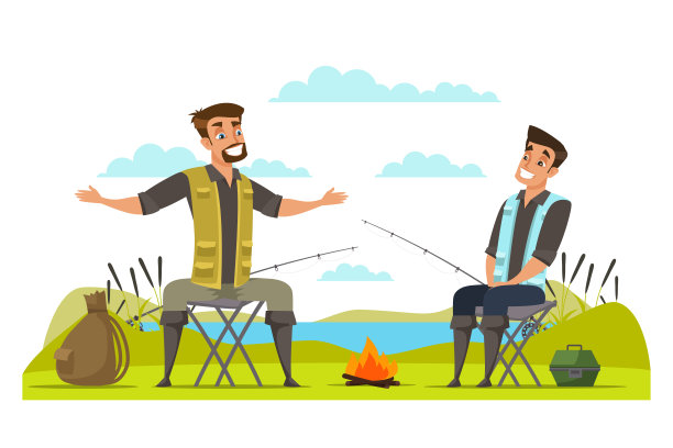 朋友在河边钓鱼矢量插图图片下载