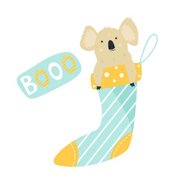 滑稽可爱的考拉坐在袜子里。用于贺卡、装饰品、印刷品、横幅图片下载