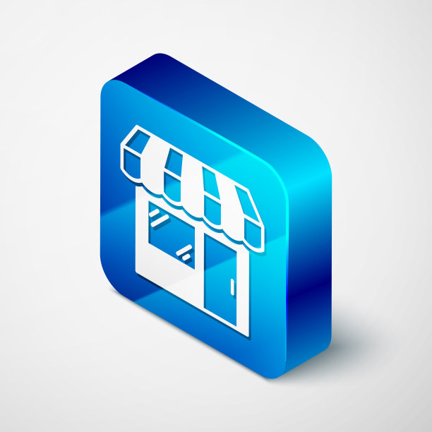 等距购物大楼或市场商店图标孤立在白色背景。店建设。蓝色方块按钮。矢量图图片下载