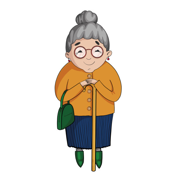 拄着拐杖的可爱老妇人。白色背景上的祖母图片下载