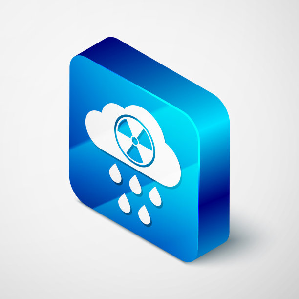 等距酸雨和放射性云图标孤立在白色背景。有毒空气污染对环境的影响。蓝色方块按钮。矢量图图片下载