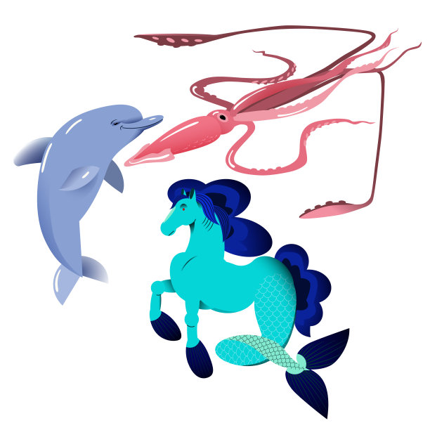 海豚巨大的鱿鱼和海马矢量插图设置，孤立的对象在白色的背景，神奇的海洋生物。图片下载