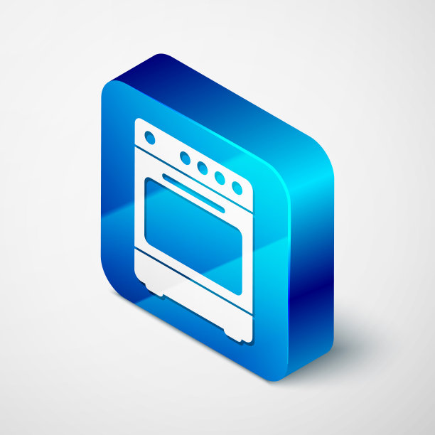 等距烤箱图标孤立在白色背景。煤气炉标志。蓝色方块按钮。矢量图图片下载