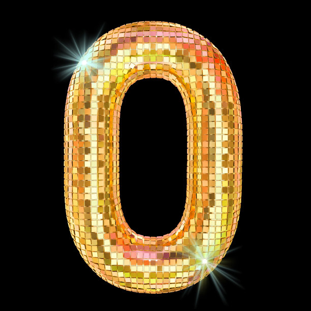 迪斯科字体，数字0来自金色闪光镜面。3D渲染孤立的黑色背景图片下载