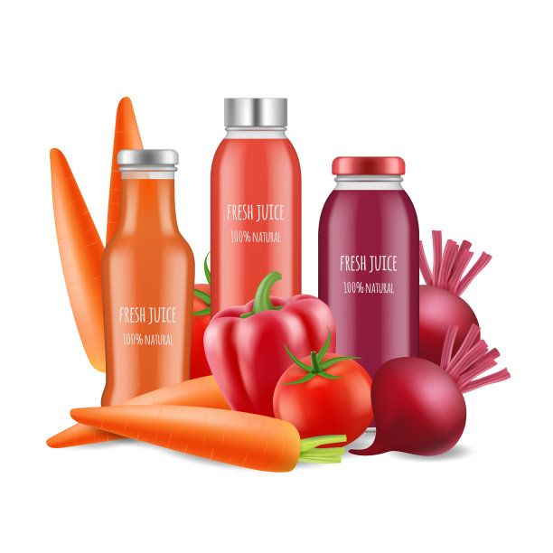 蔬菜汁矢量插图。真实的果汁瓶和蔬菜孤立在白色的背景图片下载