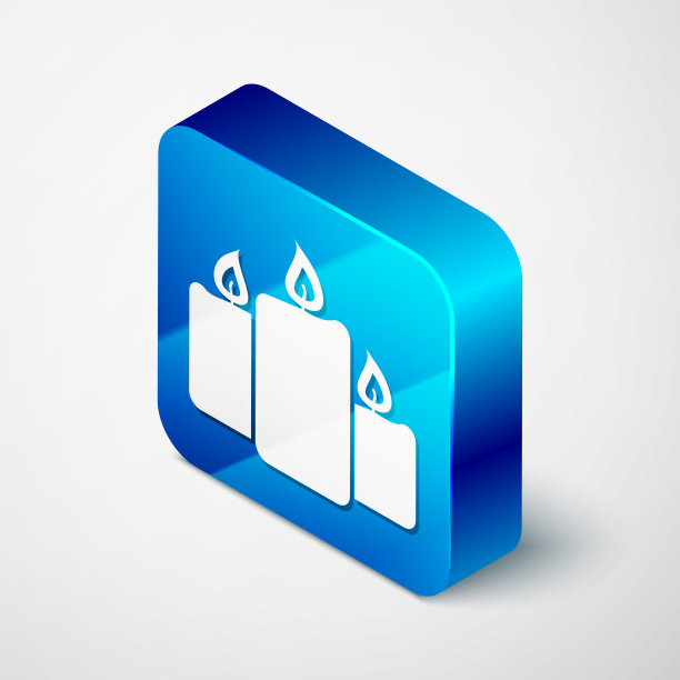 等距燃烧蜡烛图标孤立在白色背景。老式点燃的蜡烛。燃烧着火焰的圆柱形芳香蜡烛棒。蓝色方块按钮。矢量图图片下载