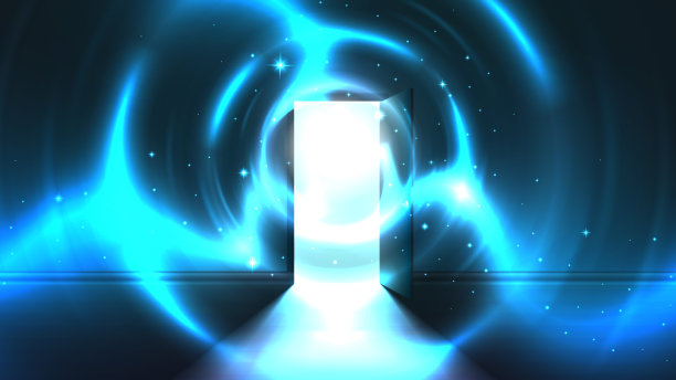 光线隧道从黑暗的房间打开的门，抽象神秘的超自然发光出口。隧道尽头的光。通往另一个世界的入口，外星世界。开门模板，科幻背景图片下载