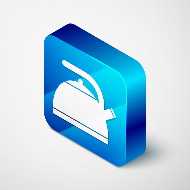 等距水壶与手柄图标孤立在白色背景。茶壶图标。蓝色方块按钮。矢量图图片下载