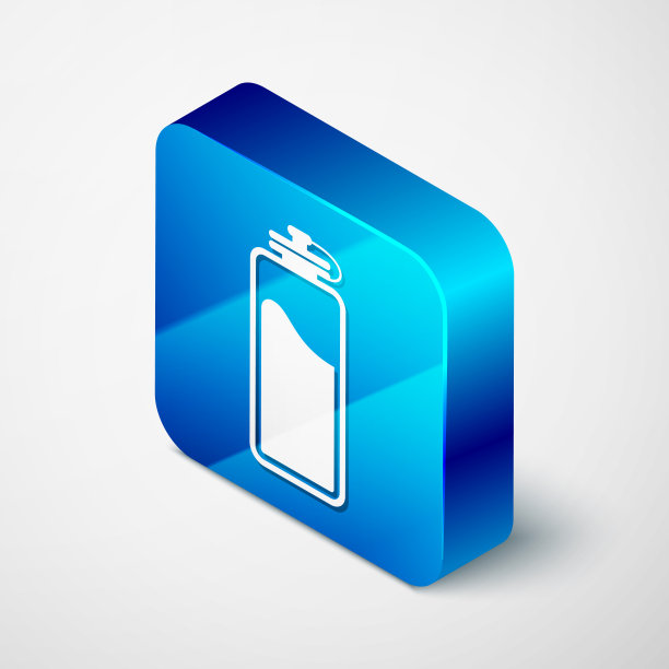 等距运动瓶与水图标孤立在白色背景。蓝色方块按钮。矢量图图片下载