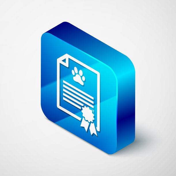 等距医疗证明，白色背景上有孤立的狗或猫图标。文档的宠物。狗或猫的爪印。蓝色方块按钮。矢量图图片下载