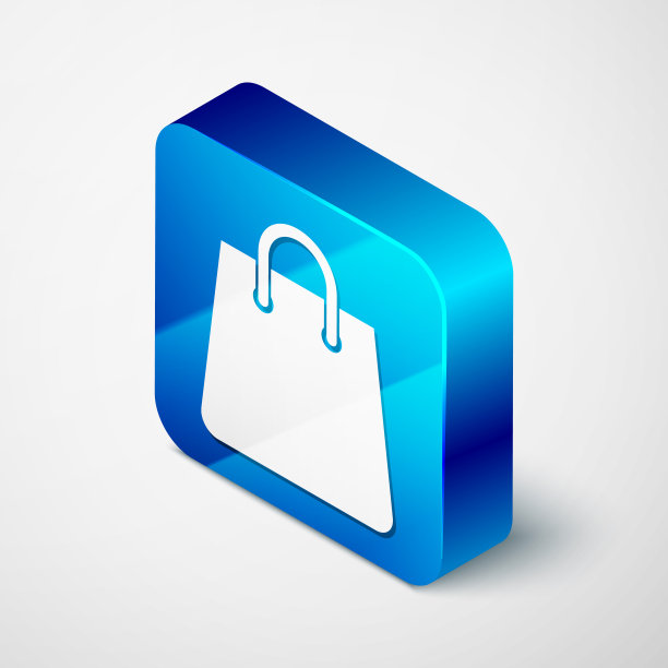 等距手提包图标孤立在白色背景。购物袋迹象。女人包图标。女性手袋的迹象。魅力休闲的行李。蓝色方块按钮。矢量图图片下载