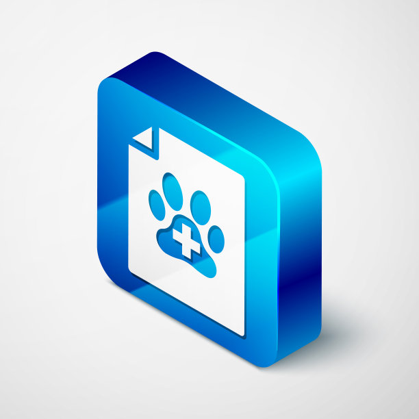 等距医疗证明，白色背景上有孤立的狗或猫图标。文档的宠物。狗或猫的爪印。蓝色方块按钮。矢量图图片下载